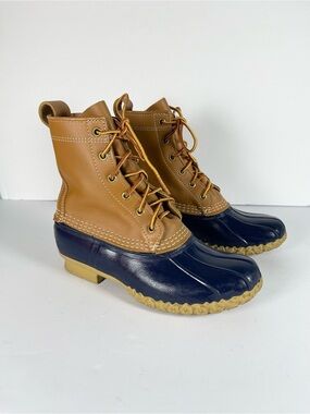 LL Bean Bean Boots Womens Size 7M Tan Navy 8” Leather Duck Rain Snow Boots USA